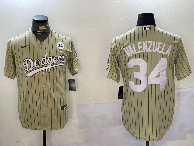 Men Los Angeles Dodgers 34 Valenzuela Green Stripe Game 2024 Nike MLB Jersey style 3